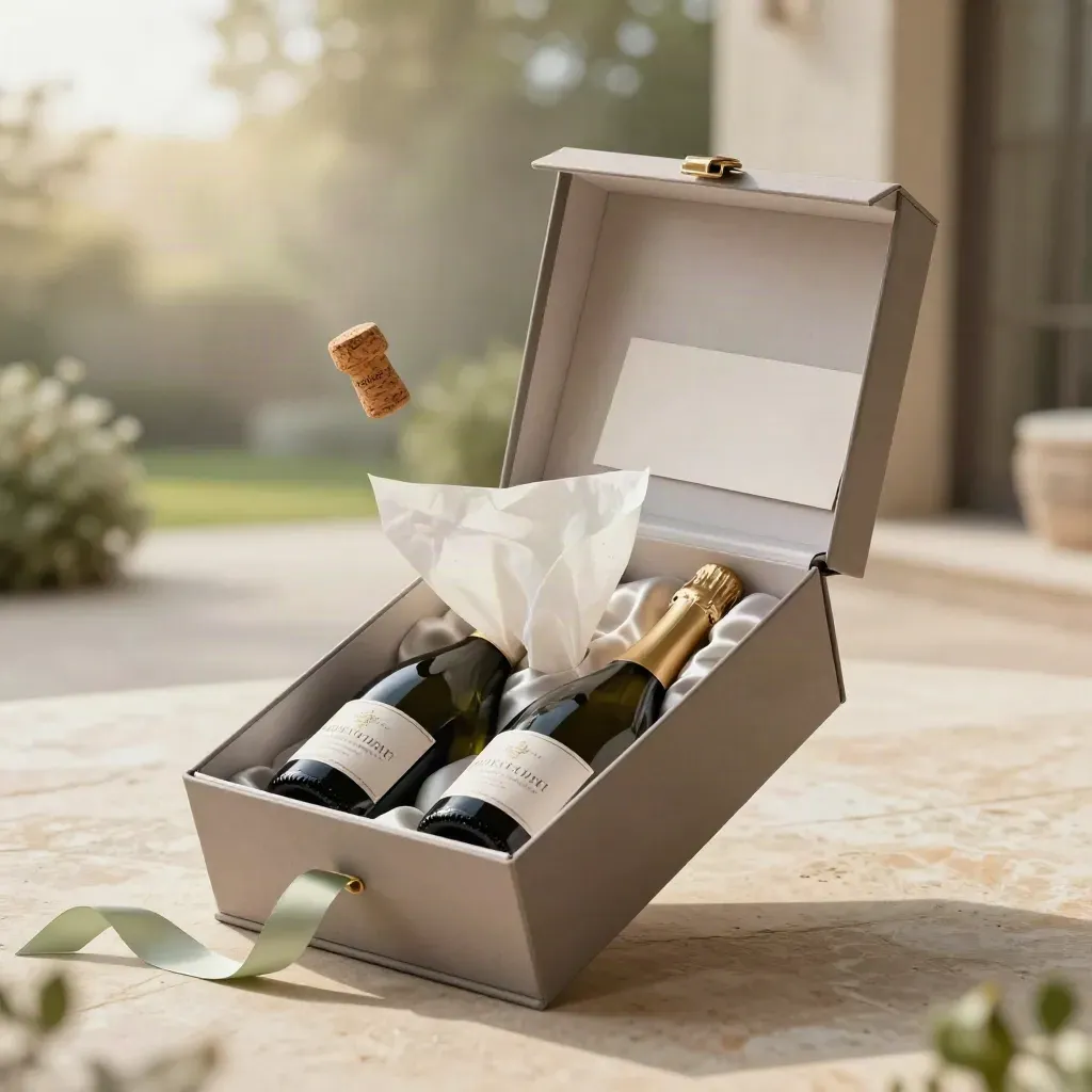 Set regalo Prosecco aperto su terrazza chiara, con due bottiglie e carta velina.