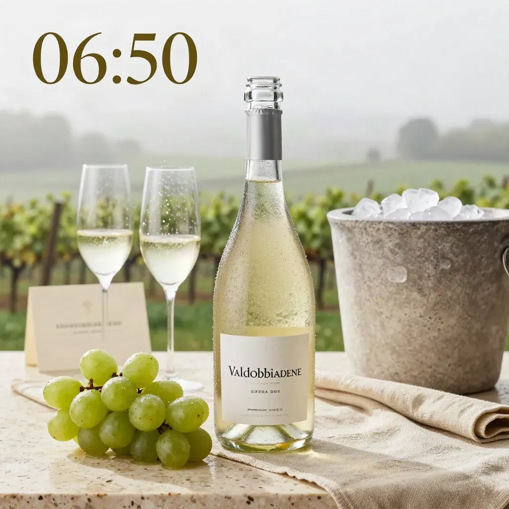 Bottiglia di prosecco con due flute, uva e secchiello in pietra su tavola di travertino.