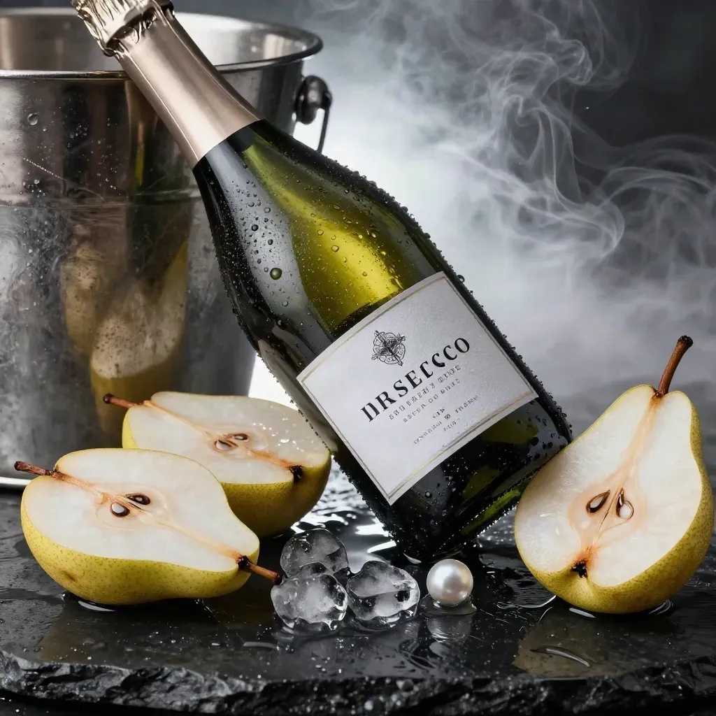 Bottiglia di Prosecco Brut con ghiaccio, pere e pietra nera bagnata, in luce fredda e spray.