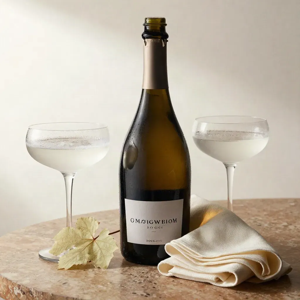 Magnum di prosecco con calici coupe, ghiaccio e foglie di vite su tavolo elegante.