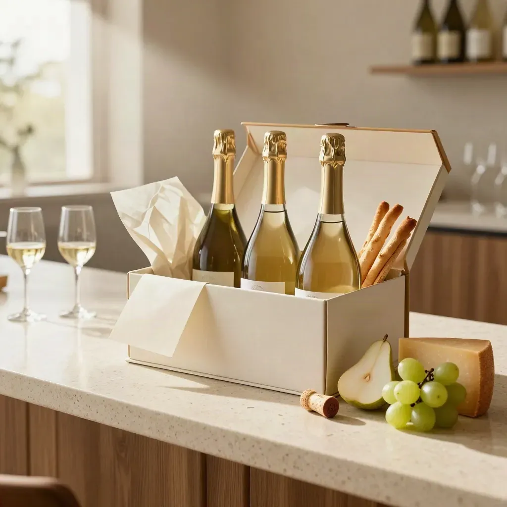 Box degustazione aperto con tre bottiglie, frutta e grissini su bancone in travertino