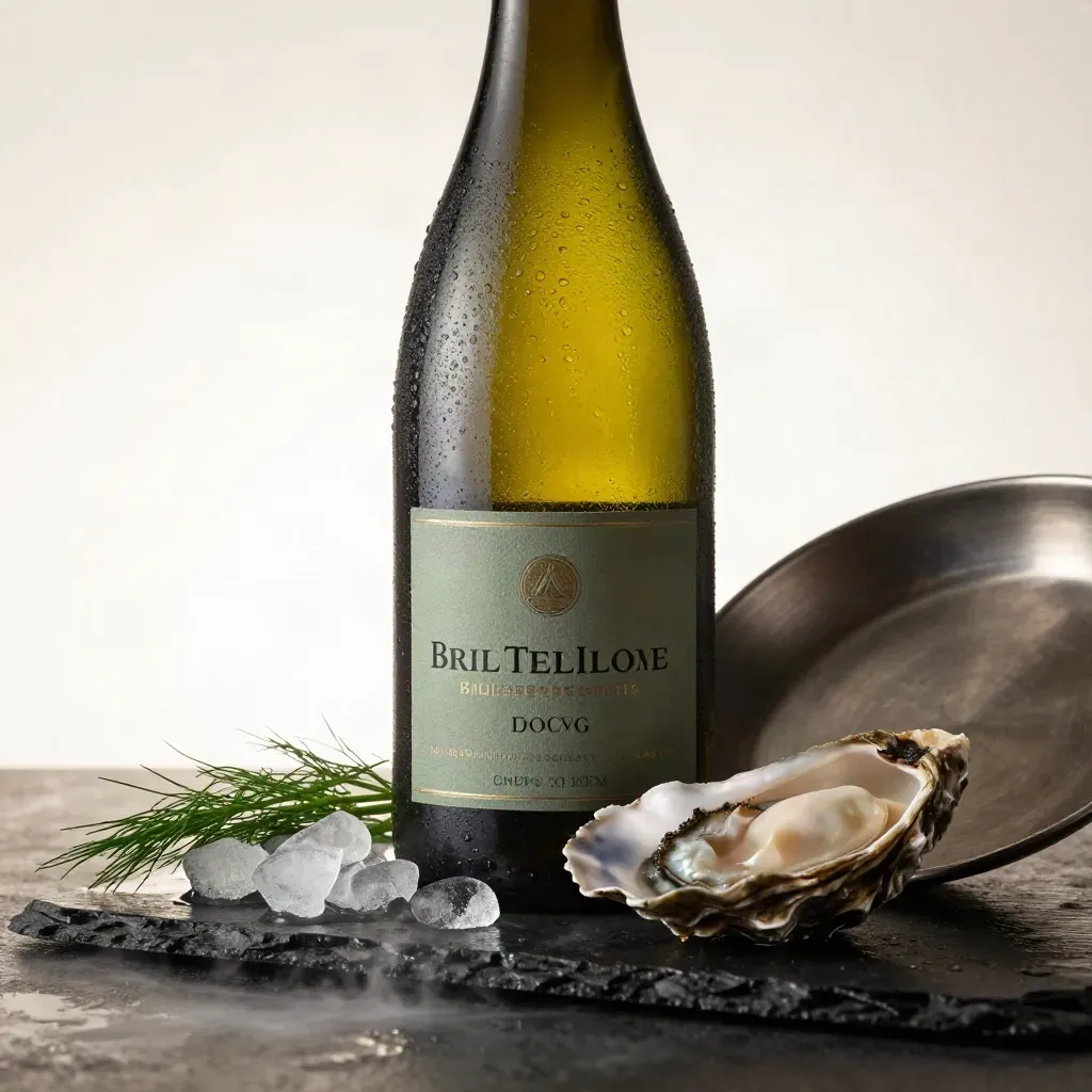 Bottiglia di Brut Millesimato DOCG con ostrica, finocchio e ghiaccio, ripresa dal basso.