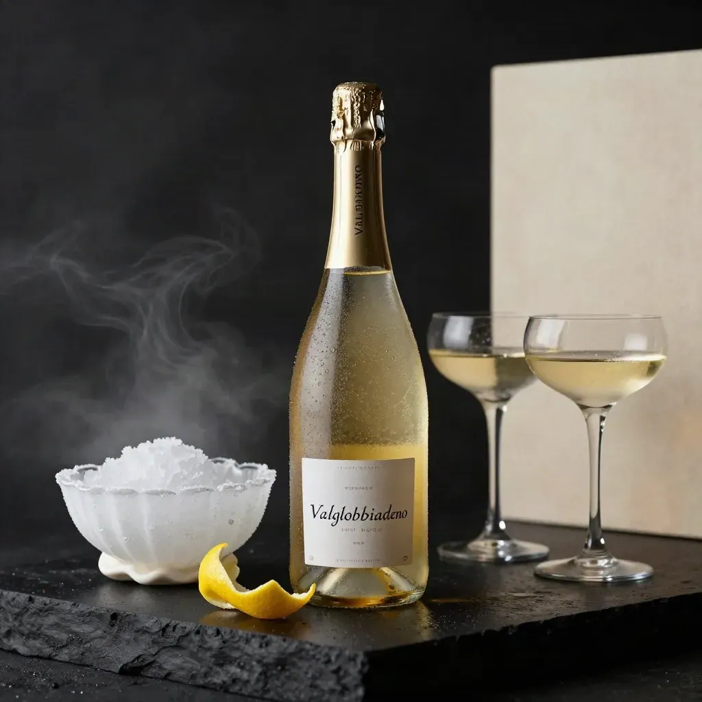 Bottiglia di prosecco con coppe e ghiaccio a conchiglia su sfondo scuro.