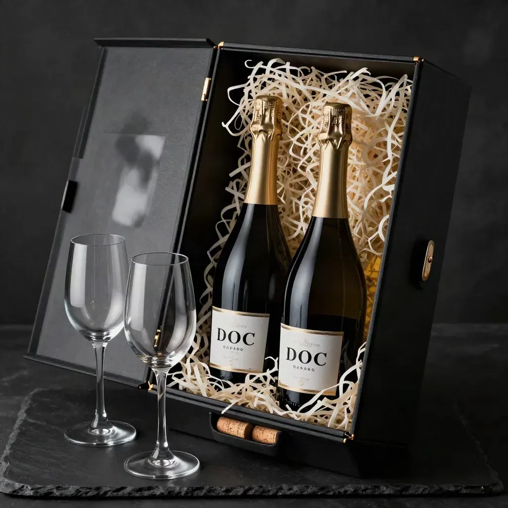 Cofanetto aperto con tre bottiglie di prosecco, flûte e trucioli di carta su fondo scuro