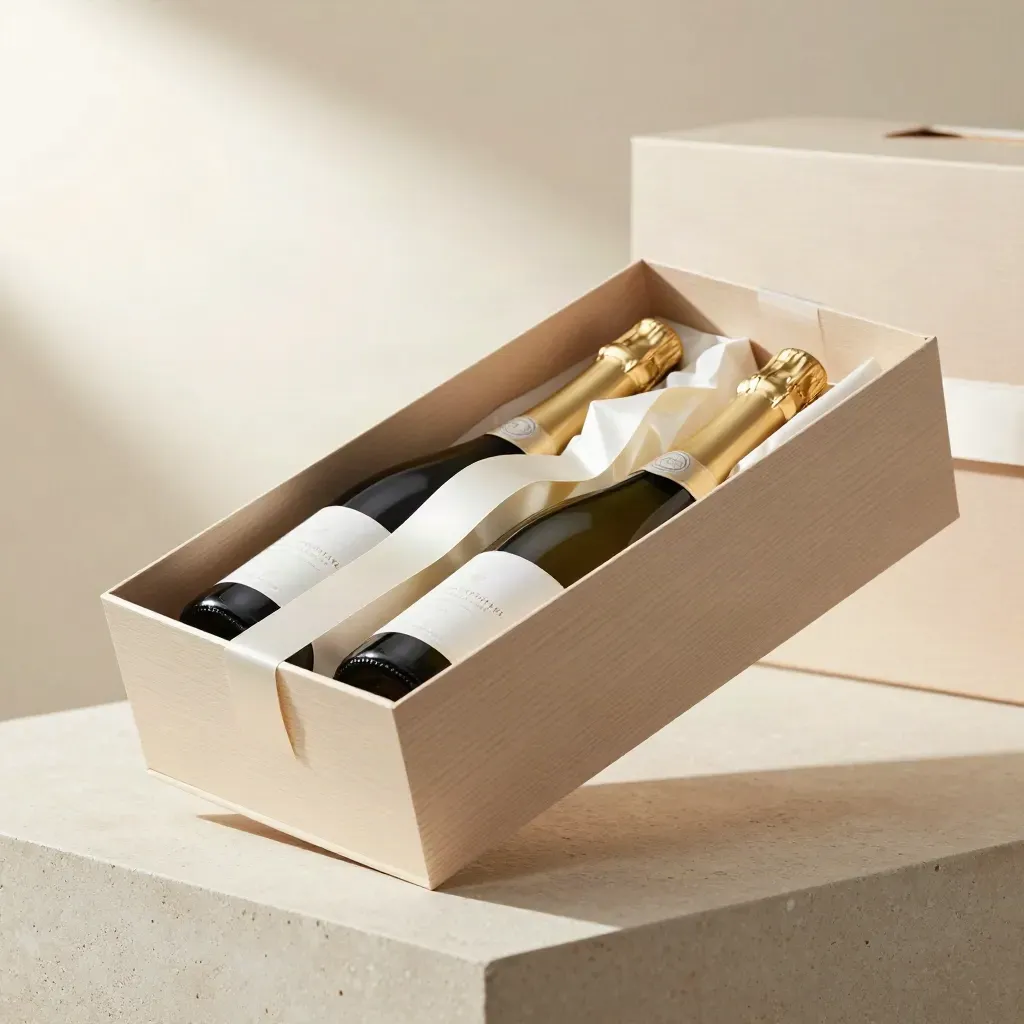 Cofanetto aperto con due bottiglie di prosecco senza etichetta, tessuto perlato e luce morbida.