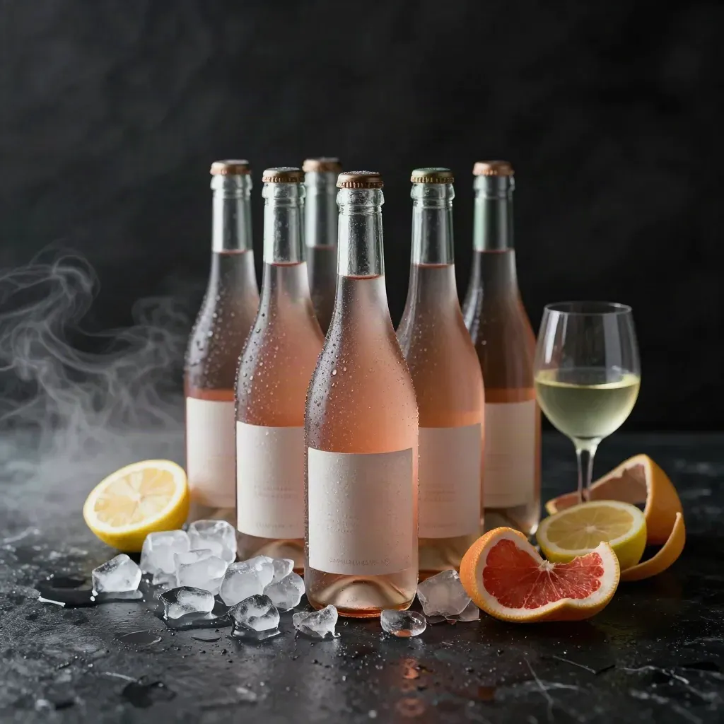 Sei minibottiglie di prosecco rosé nel ghiaccio con scorze di agrumi.