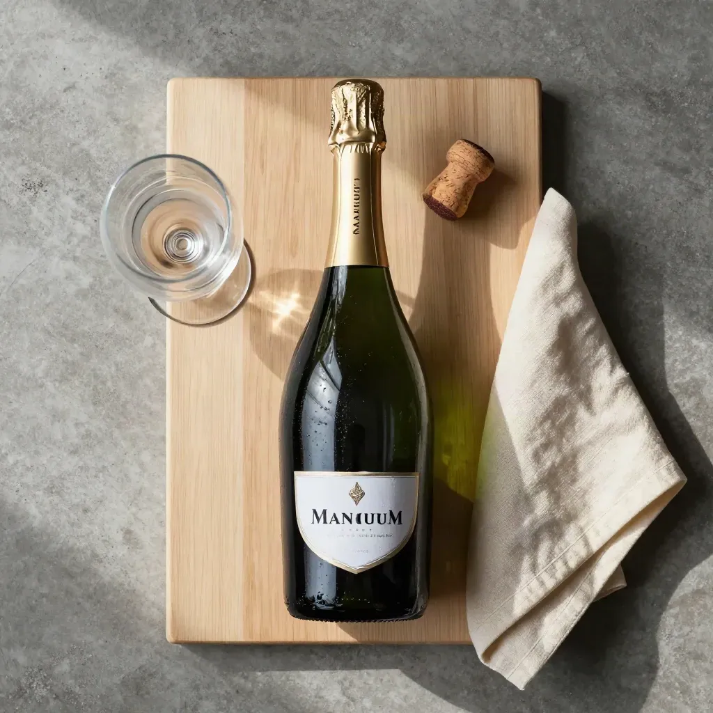 Flatlay dall’alto di un magnum Brut DOC con calice coupé, tappo e tovagliolo su legno chiaro.