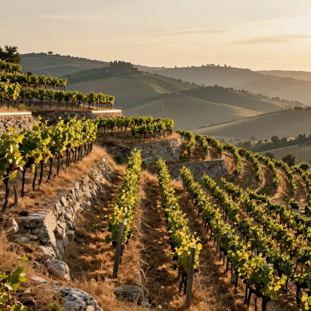 Terrazze di vigneti a Valdobbiadene al tramonto con vallata in nebbia leggera.