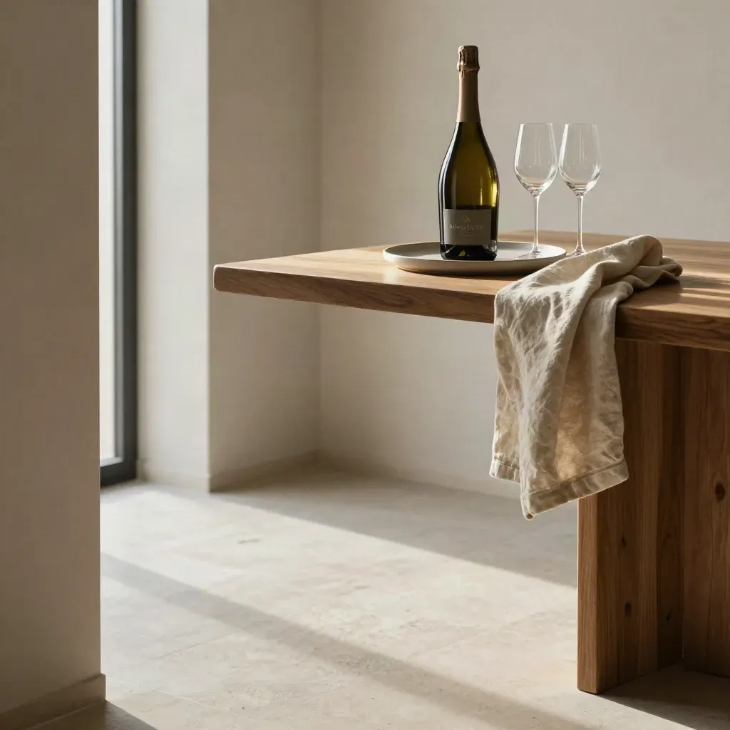Interno elegante con bottiglia magnum di prosecco su tavolo in rovere e luce dorata