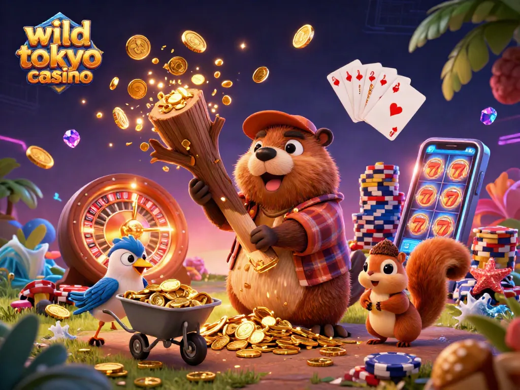 Experience the thrill of wild tokyo casino with a 3D cartoon scene of a beaver, bird, and squirrel amid gold coins.